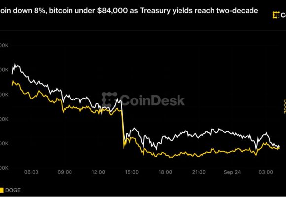 Dogecoin down 8%, bitcoin under $84,000 as Treasury yields hit highest level since 2007
