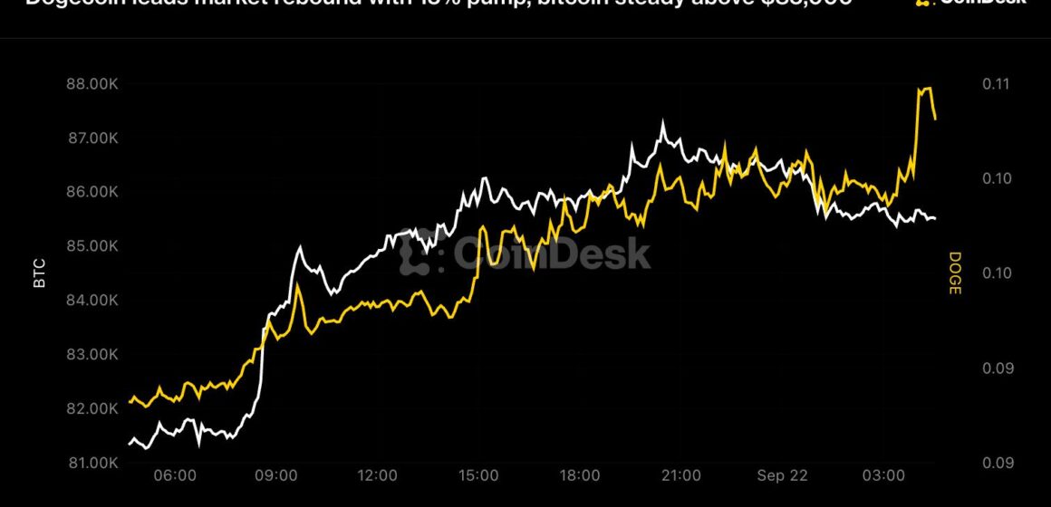 Dogecoin leads market rebound with 15% pump, bitcoin steady above $85,000