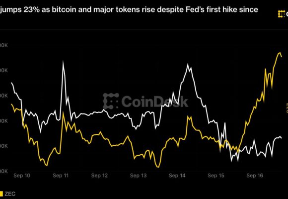 Zcash jumps 23% as bitcoin and major tokens rise despite Fed’s first hike since 2023